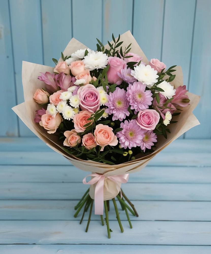 Букет цветов из: Хризантемы, Розы и Альстромерии в Новый Городок