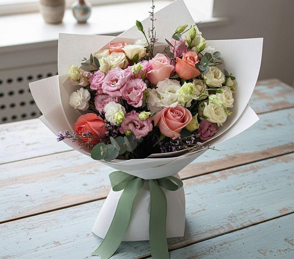 Букет цветов из: Розы, Лизиантусы и Гвоздики в Новый Городок