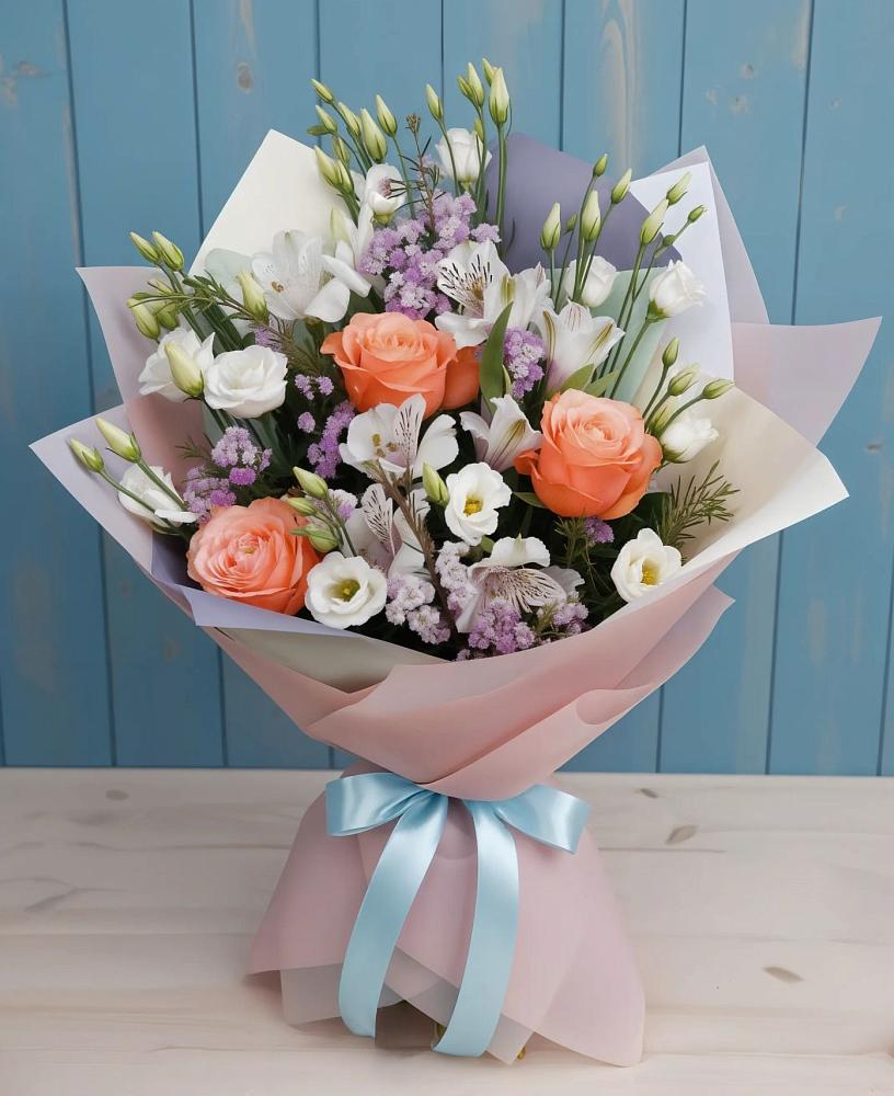 Букет цветов из: Лизиантусы, Розы, Альстромерии и Гипсофила в Новый Городок