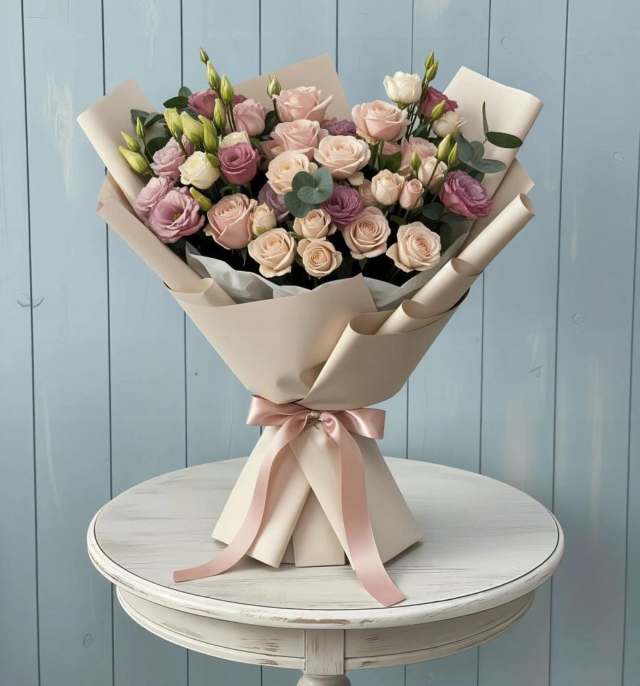 Букет цветов из: Розы и Лизиантусы в Новый Городок