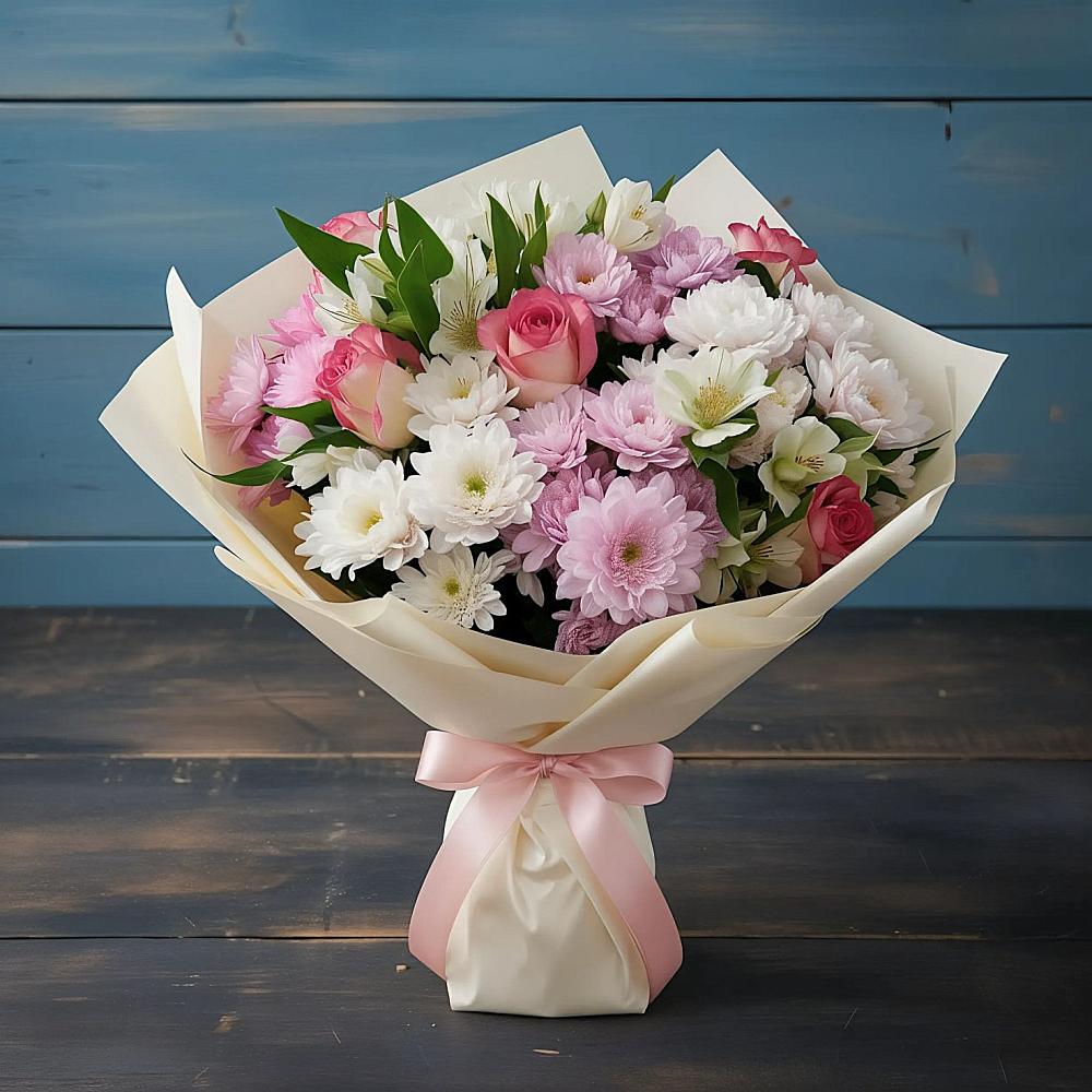 Букет цветов из: Хризантемы, Альстромерии и Розы в Новый Городок